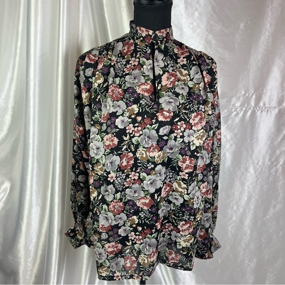 Vintage Sheer Black Floral Button-Up Tie Front Blouse 2X/3X Romantic Cottagecore - Picture 6 of 14